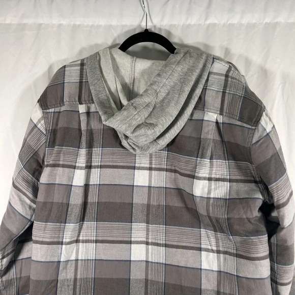 Wrangler Jacket Men's Large Medium Grey Plaid Button Up Hooded Drawstring - Picture 6 of 8